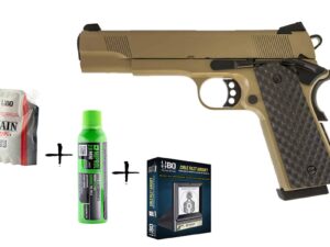 Pack de Noel réplique GBB Raven 1911 MEU Tan 1J + billes + cible + gaz