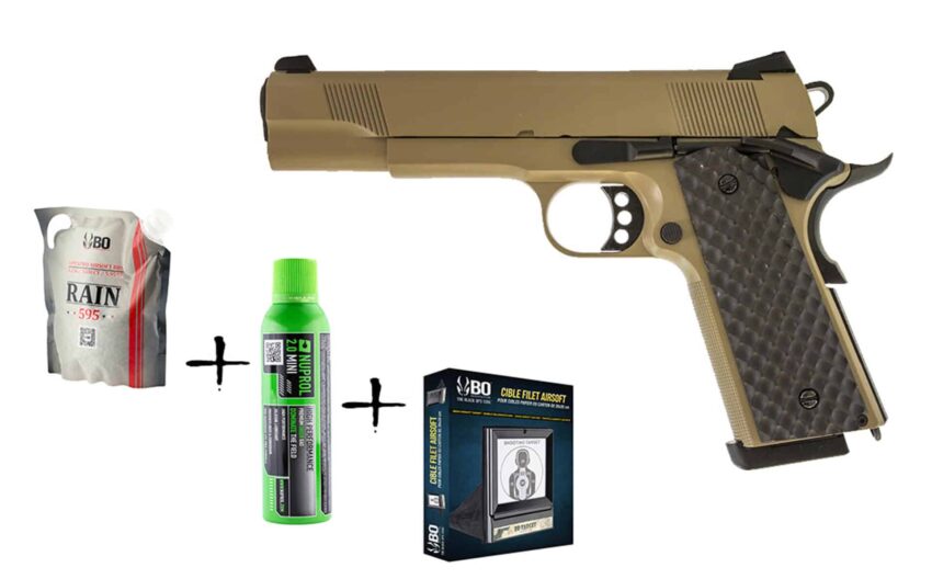 Pack de Noel réplique GBB Raven 1911 MEU Tan 1J + billes + cible + gaz - Vue principale