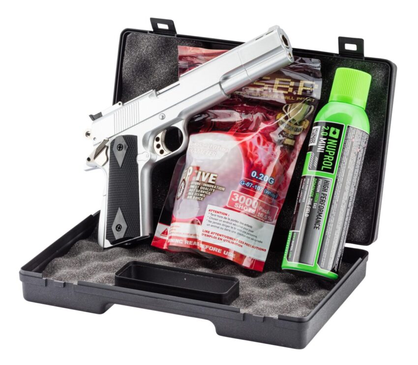 Pack GNB Gaz 1911 Long silver 0,5J  + mallette  + billes +  gaz - Vue principale