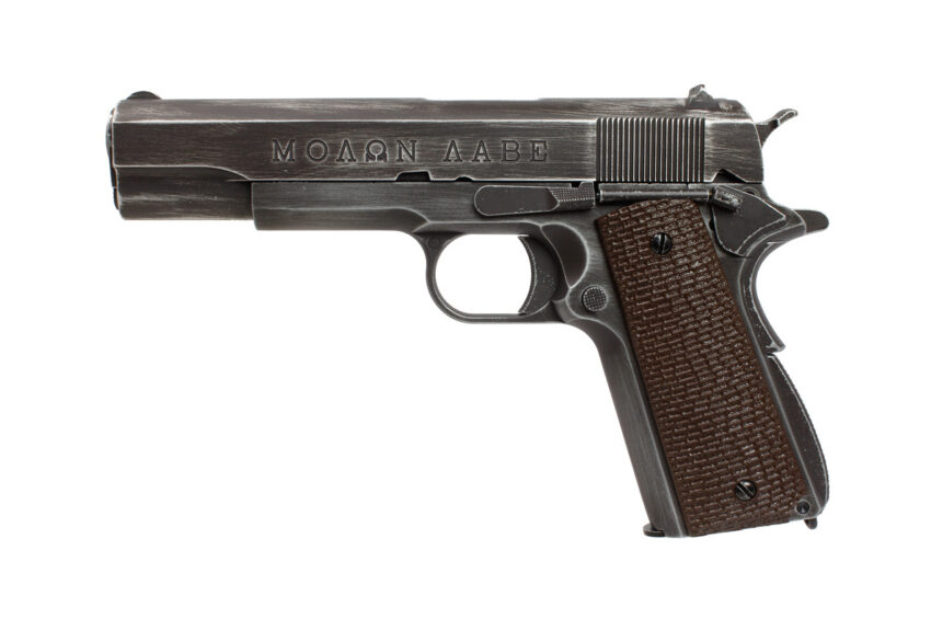 Réplique airsoft 1911 Molon Labe Grip marron gaz GBB - Vue principale