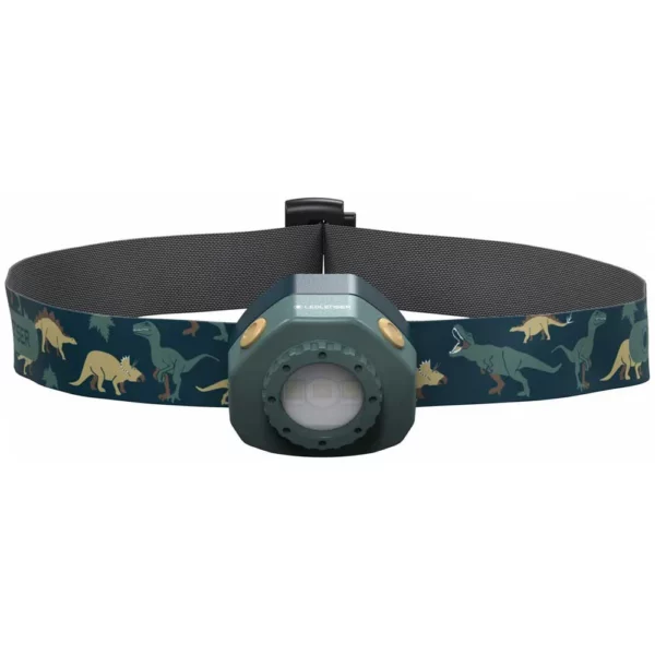 Lampe frontale à motifs dinosaures.