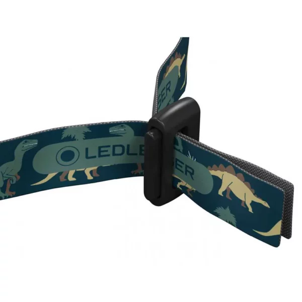 Bandeau Ledlenser avec motif de dinosaures colorés.