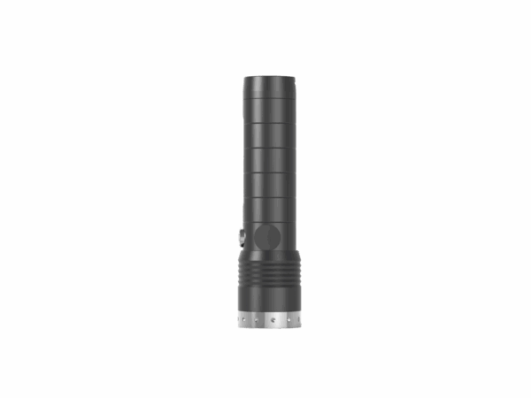 Lampe de poche noire sur fond blanc.