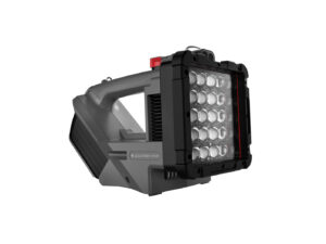 Projecteur LED portable gris et noir.