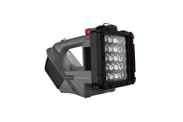 Projecteur LED portable gris et noir.