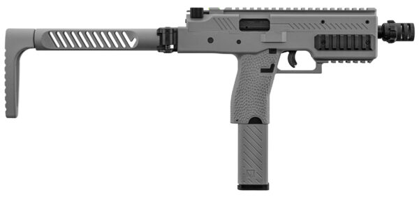 Pistolet gris avec crosse pliante, vue latérale.