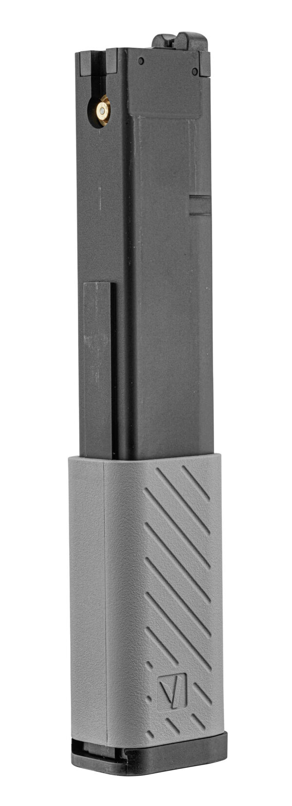 Chargeur noir et gris sur fond blanc.