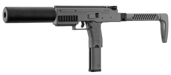Pistolet avec silencieux et crosse grise.