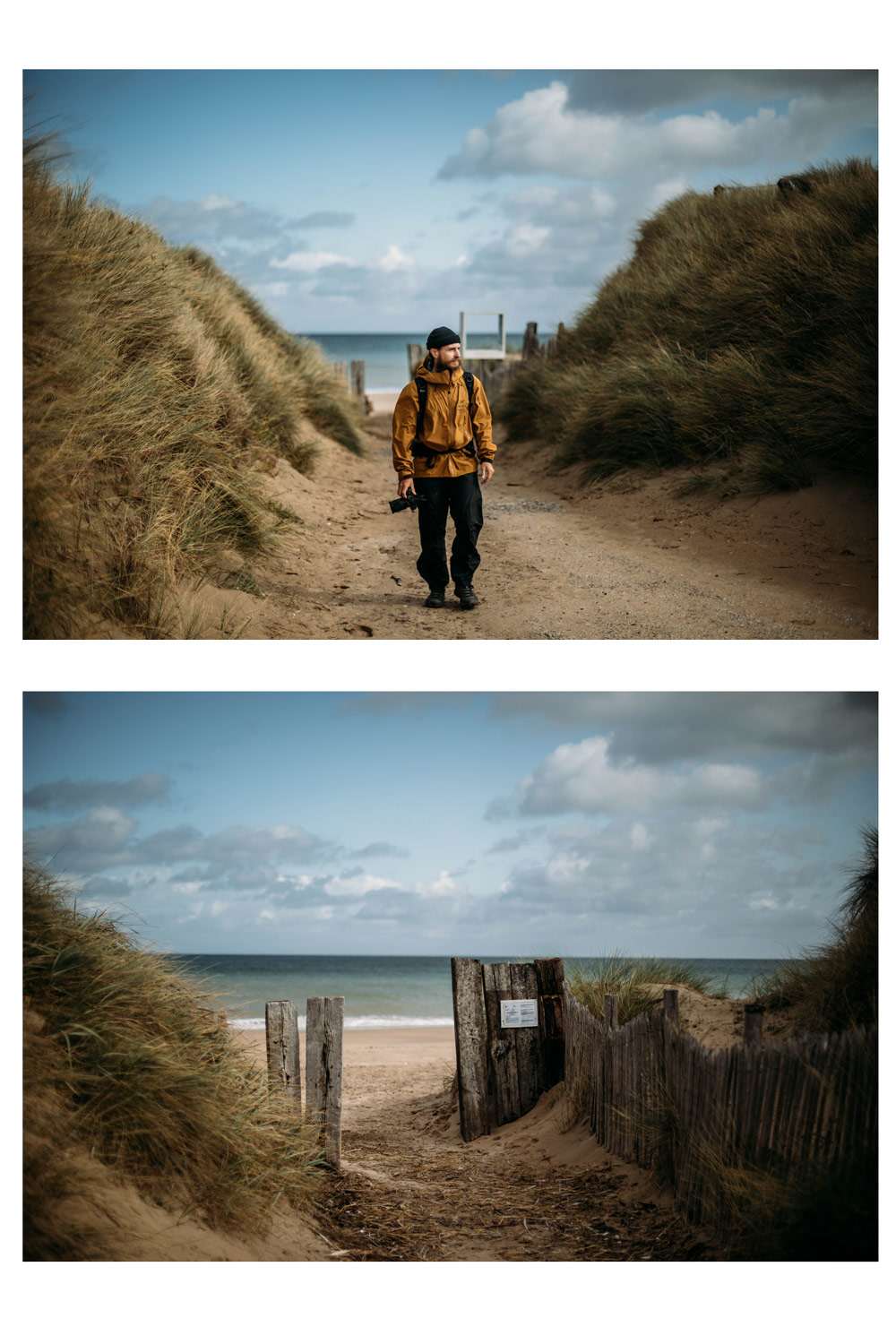 Sentier à travers les dunes menant à Utah Beach avec végétation côtière et vue sur l'océan sous un ciel nuageux