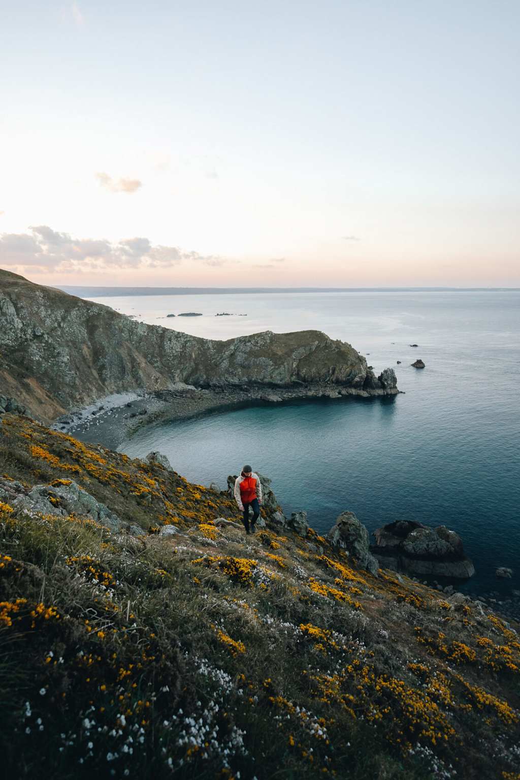 Un randonneur gravissant une pente côtière couverte de fleurs surplombant les eaux calmes et la baie rocheuse du paysage maritime du Cotentin au coucher du soleil