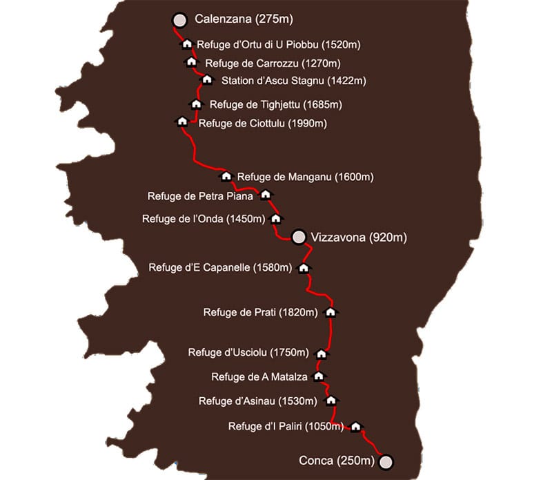 Carte du sentier de randonnée GR20 en Corse indiquant les étapes et les refuges de montagne avec leurs dénivelés