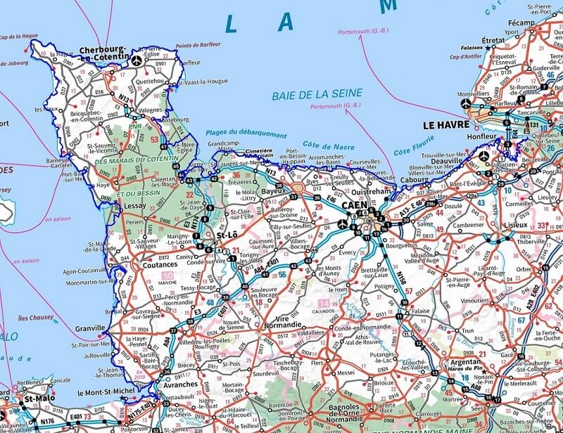 Carte du littoral normand montrant le sentier de randonnée GR 223 Sentier des Douaniers et les principales villes le long de l'itinéraire