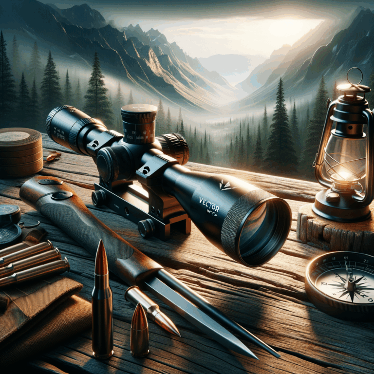 "Lunette Vector Optics Continental pour la chasse avec accessoires sur table rustique"
