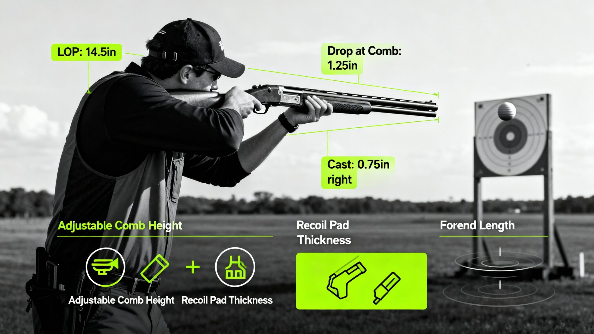 Un tireur en position correcte d'épaulement avec un fusil de ball-trap