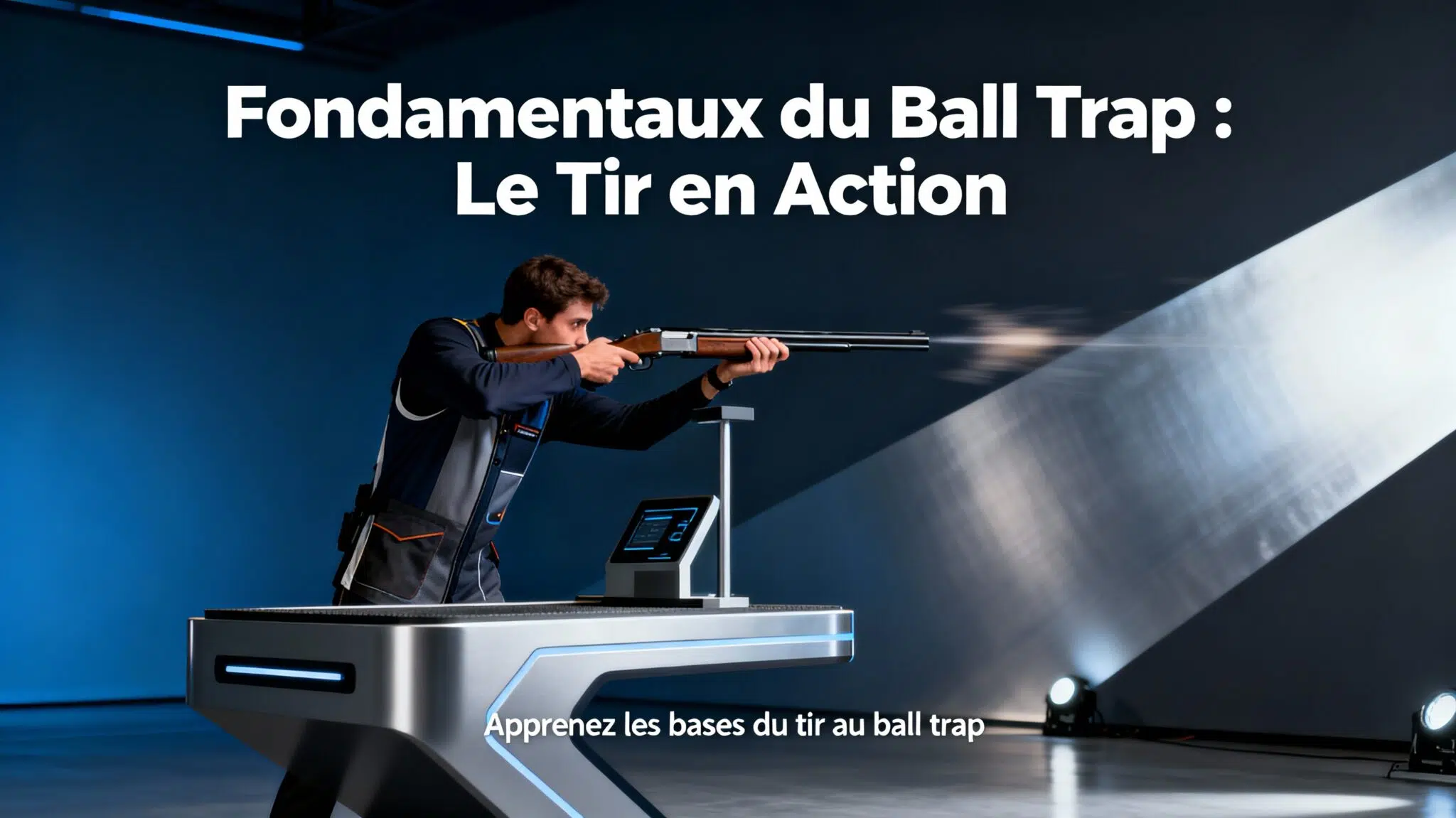 Tireur de ball trap professionnel effectuant un tir au stand de tir, montrant la posture correcte avec pieds écartés, poids équilibré, fusil épaulé correctement, et concentration focalisée sur le plateau - illustration des techniques fondamentales pour progresser au ball trap