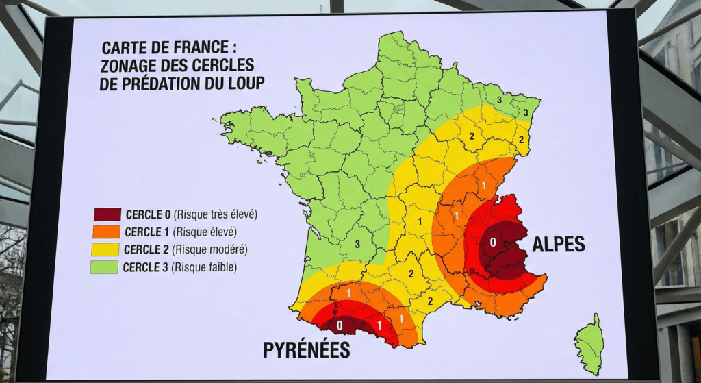 Carte des zones prédation loup France : cercles 0 1 2 3 Alpes Pyrénées Massif Central