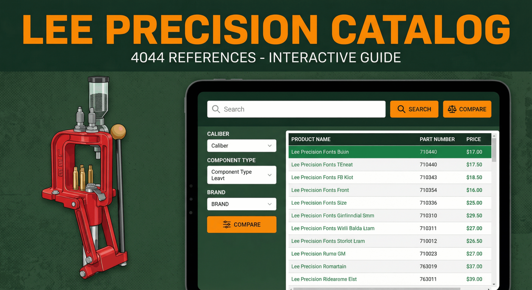 Catalogue interactif Lee Precision - 4044 références complètes de presses, matrices et accessoires de rechargement avec interface de recherche et filtres
