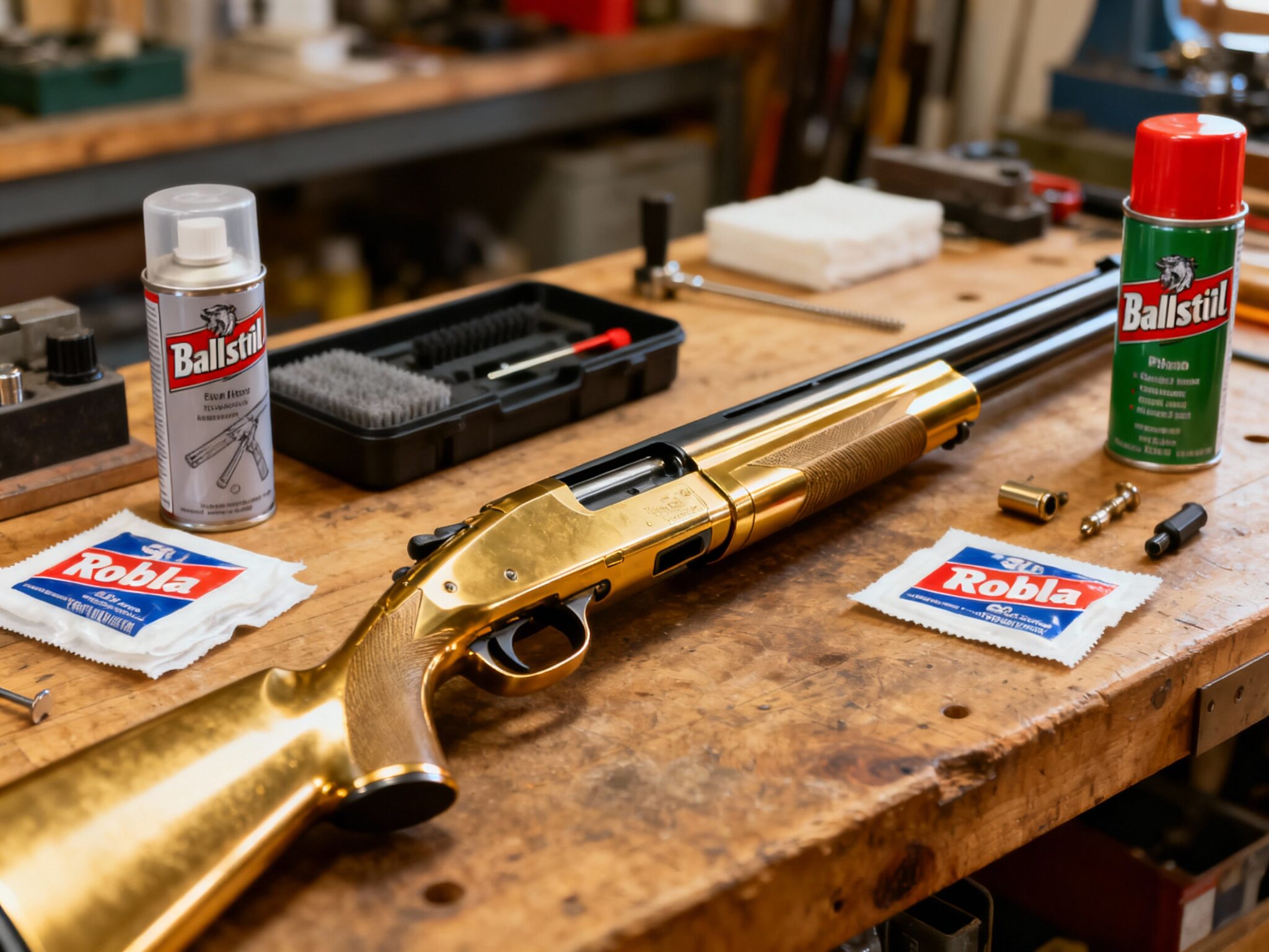 Fusil de ball trap moderne posé sur une table d'atelier, entouré de produits d'entretien Ballistol, Robla Solo, kit de nettoyage et lingettes – démonstration visuelle d'une routine de nettoyage optimale pour tireur régulier.