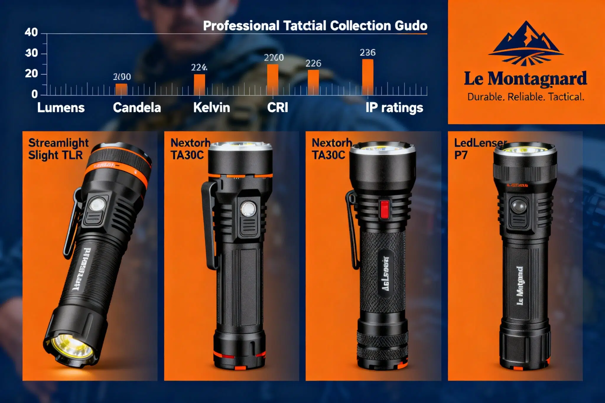 Guide complet des lampes tactiques : comparatif Streamlight, Nextorch, Ledlenser, unités de mesure, application interactive Le Montagnard