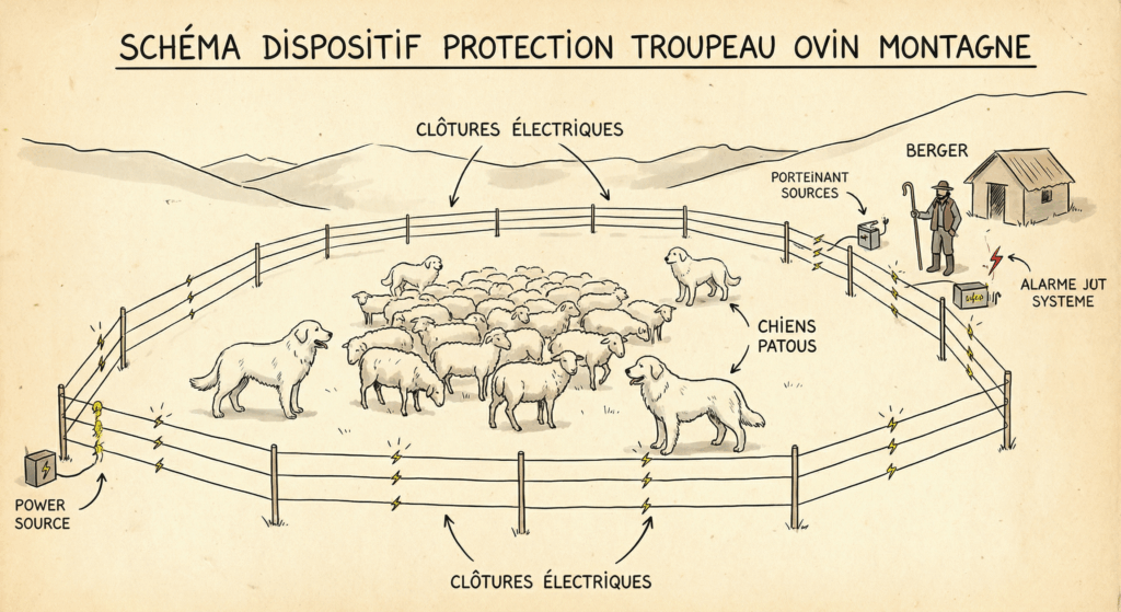Schéma système protection complet troupeau ovin : clôtures électriques chiens patous berger montagne