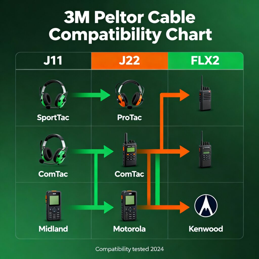 Tableau de compatibilité câbles Peltor J11 J22 FLX2 avec casques et radios