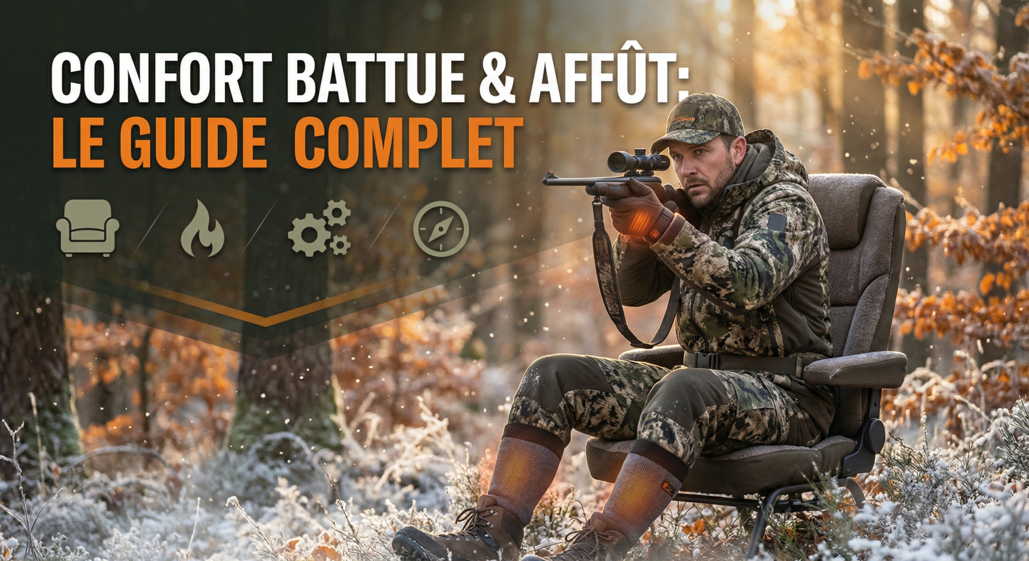 Chasseur équipé en position d'affût confortable dans une forêt automnale, portant vêtements techniques multicouches, gants chauffants et équipement thermique, avec titre "CONFORT BATTUE & AFFÛT: LE GUIDE COMPLET"