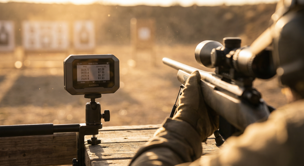 Chronographe balistique Garmin Xero C1 Pro positionné sur un banc de tir en extérieur avec une carabine prête à tirer, montrant l'écran LCD illuminé et l'utilisation pratique du dispositif lors d'une session de tir de précision
