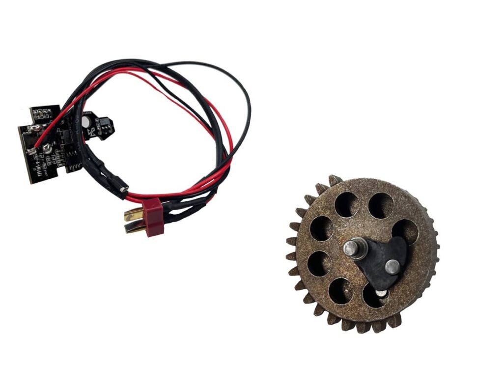 Détail technique système ETU Nebula V2 Zion Arms — capteur magnétique et sector gear spécifique