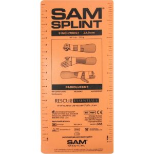 attelle de poignet sam splint 9", orange/bleu. plie a plat.